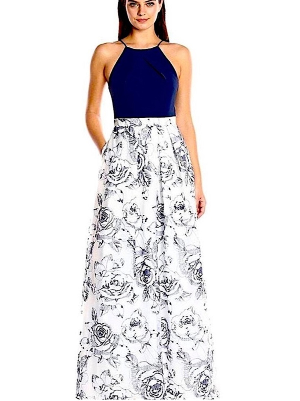 NEW Aidan Mattox Navy White Halter Embroidered Long A-line Gown Size 2 - Picture 1 of 7